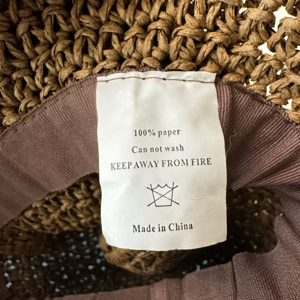 Brown Woven Straw Sun Hat 100% Recycled Paper Vacation‎ Beach Cruise Summer